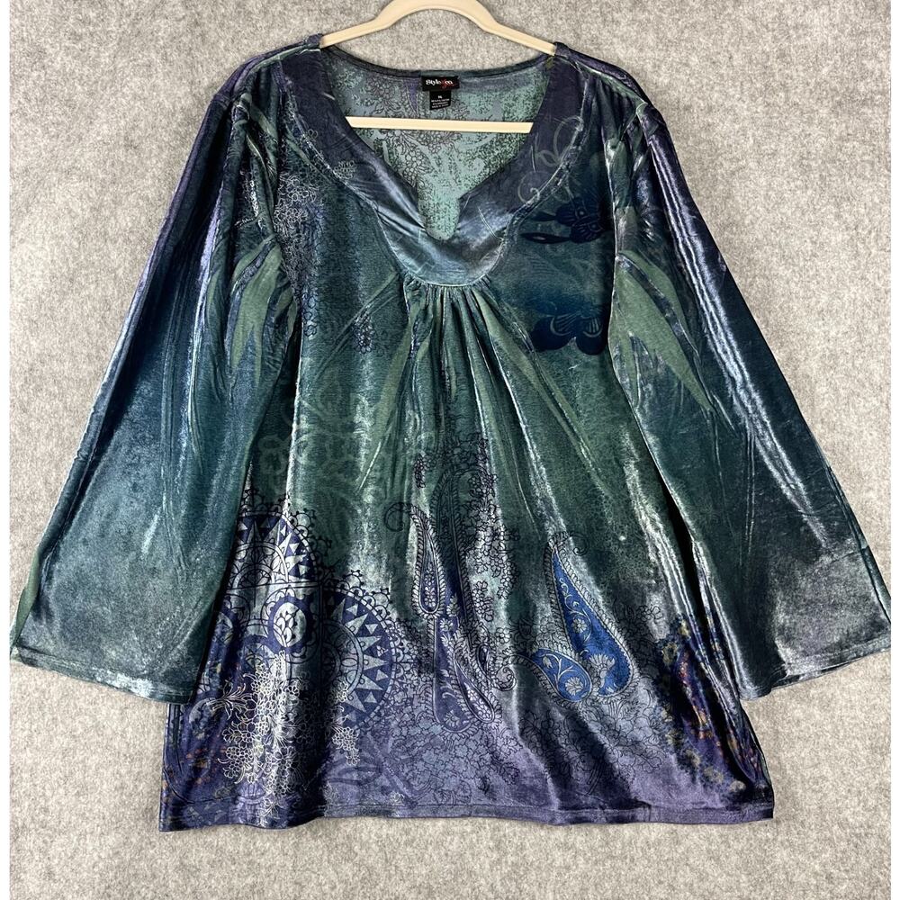 VTG Velour Velvet Tunic‎ Top Womens XL Paisley Bell Sleeve Fairy Whimsigoth Y2K
